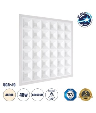 GLOBOSTAR® ZEUS 60969 Χωνευτό Panel Οροφής 60x60 με Anti Glare Reflector LED 48W 7200lm 120° CRI≥85Ra UGR 19 AC 220-240V IP20 Φυσικό Λευκό 4500K - Lumileds SMD Chip & TÜV SÜD Driver - Λευκό Γαλακτερό - Μ60 x Π60 x Υ3.3cm - Q56 x 56cm - 5 Χρόνια Εγγύηση